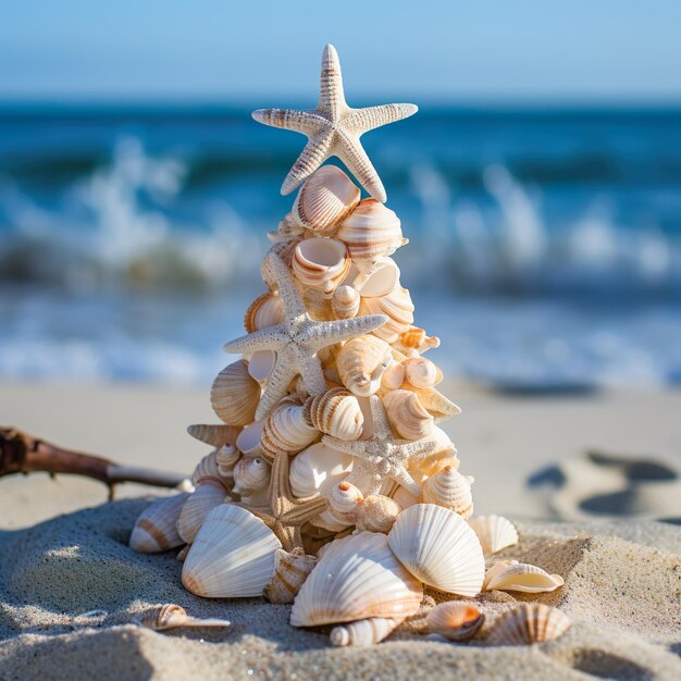 Photo petit sapin de noël à coquille sur la plage ai générative