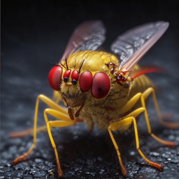 Petit scorpion de mouche jaune en gros plan à minuit