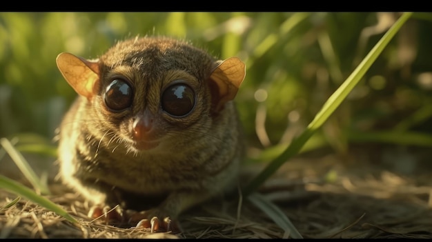 Un petit singe aux grands yeux est assis dans l'herbe.