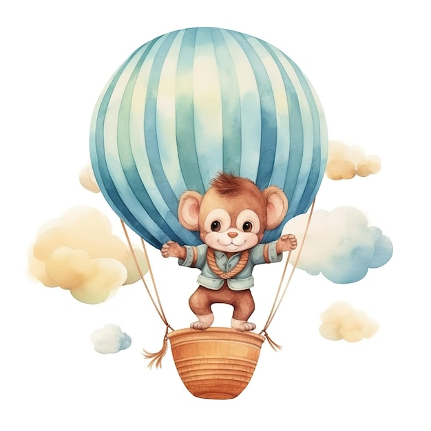 Photo petit singe capricieux en ballon d'air chaud clipart à l'aquarelle pour les fêtes d'anniversaire joyeuses du bébé