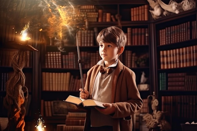 Un petit sorcier un garçon avec un livre magique et une baguette magique dans la bibliothèque Kid Witchcraft Generative AI Illustration