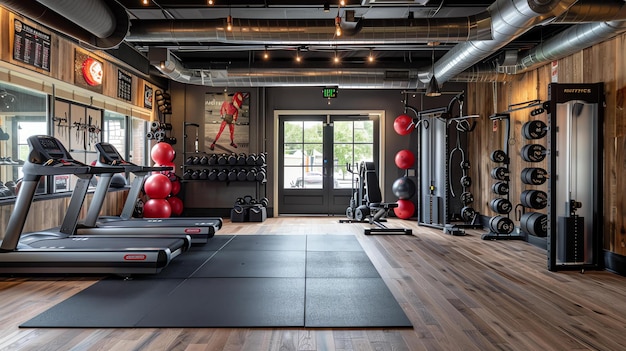 Un petit studio de fitness avec des planchers en bois, une variété d'équipements d'exercice et un sac de boxe