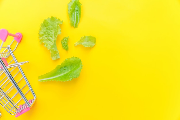 Petit supermarché épicerie pousser panier pour faire du shopping avec des feuilles de laitue verte isolé sur fond jaune