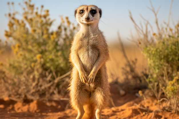 un petit suricate debout sur un sol en terre battue