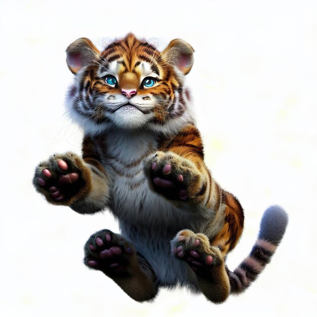 Un petit tigre aux yeux bleus vole dans les airs.