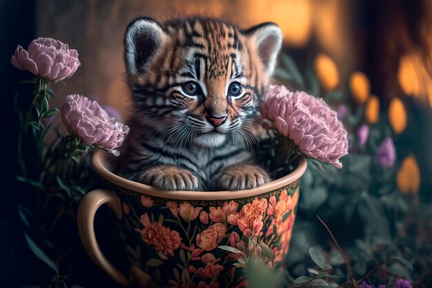 Petit tigre dans une tasse sur fond de fleurs AI générative