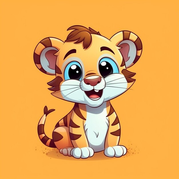 un petit tigre de dessin animé assis sur le sol avec un fond jaune