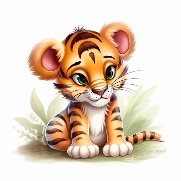 Petit tigre de dessin animé assis sur le sol avec des yeux verts