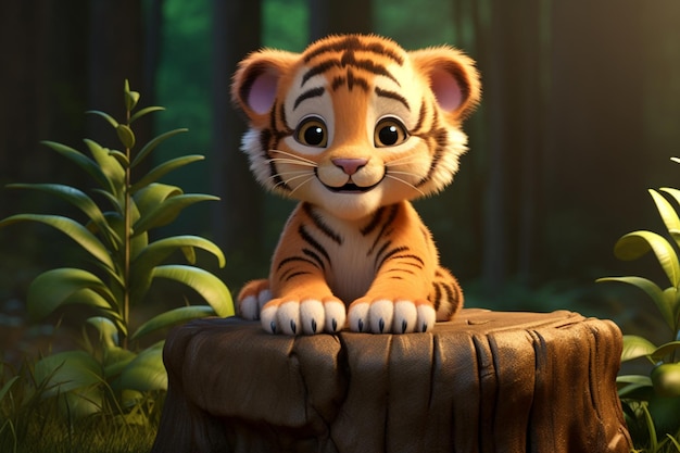 Un petit tigre de dessin animé assis sur une souche d'arbre dans la jungle observant son environnement