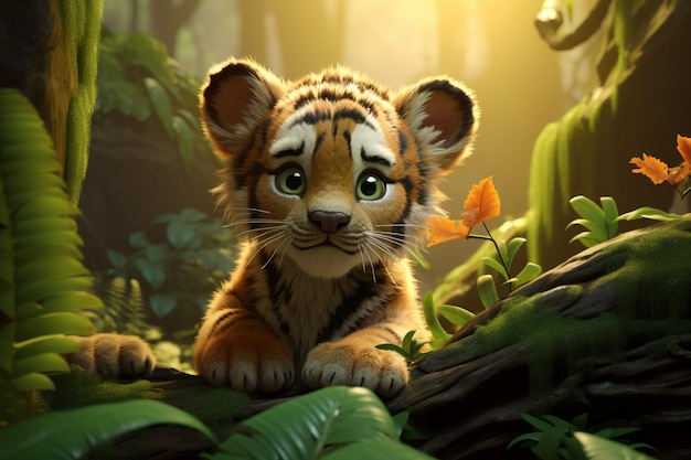 Un petit tigre de dessin animé dans la jungle explore son habitat