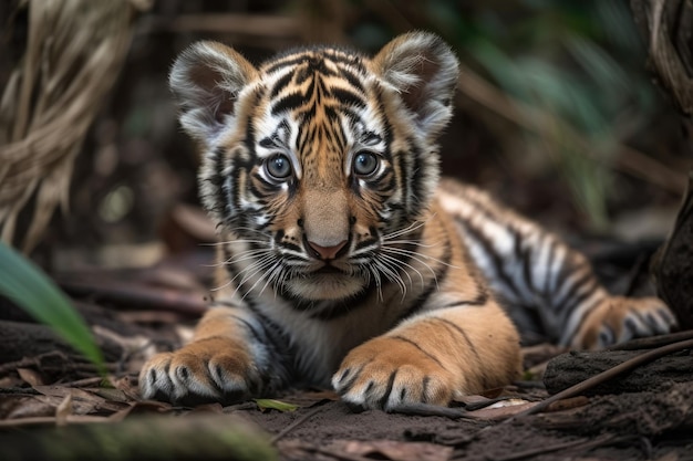 Le petit d'un tigre du Bengale est au sol