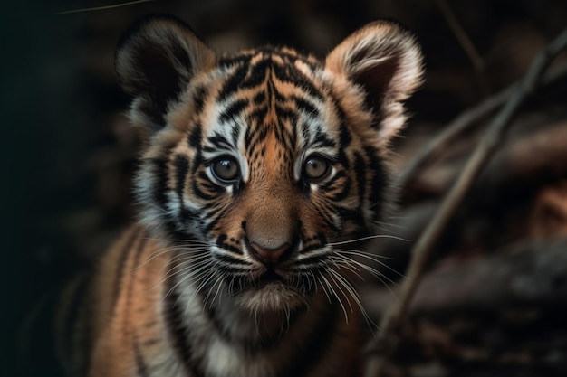 Un petit tigre avec un fond sombre