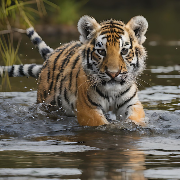 un petit tigre nage dans l'eau.
