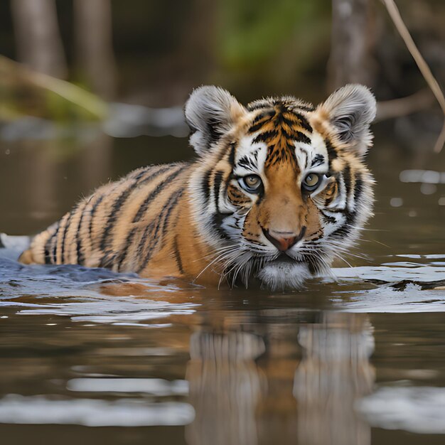 un petit tigre nage dans l'eau.