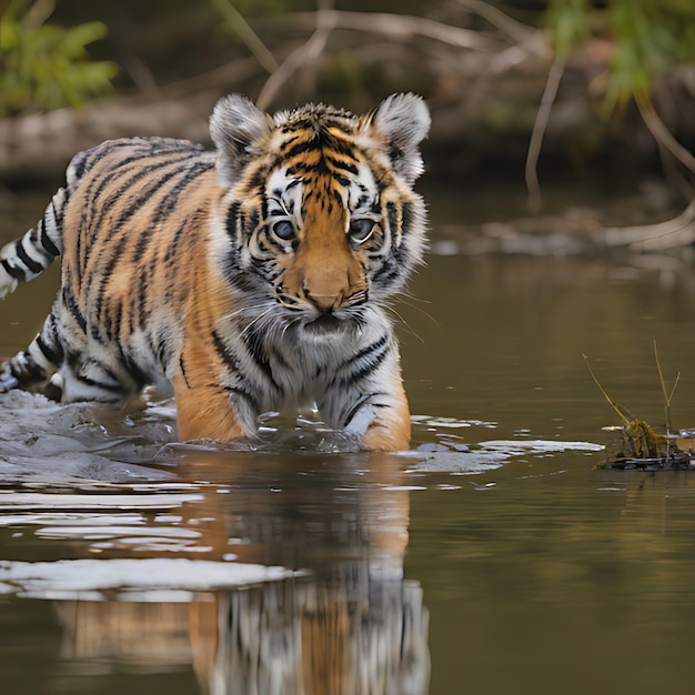 un petit tigre patauge dans l'eau et nage.