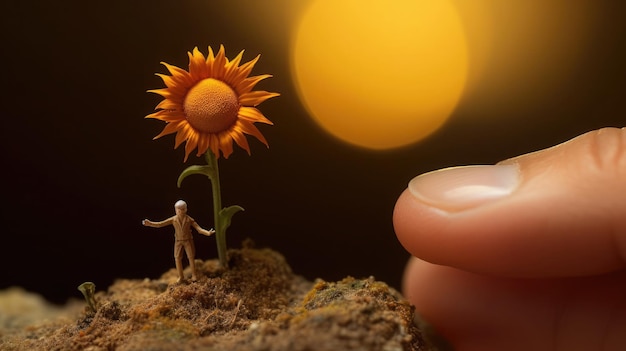 Un petit tournesol assis sur le bout du doigt macro prise de vue des phénomènes naturels miniatures