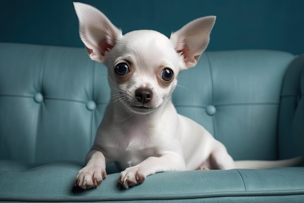 Un petit toutou blanc pose pour des photos assis sur le canapé pour chien bleu Generative AI