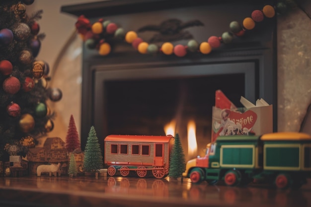 Un petit train assis sur une table à côté d'un sapin de Noël Image AI générative