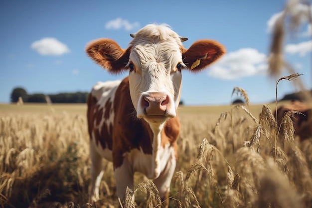 un petit veau de vache de ferme est en train de paître en regardant la caméra dans un champ