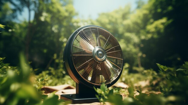 Petit ventilateur sur une table en bois