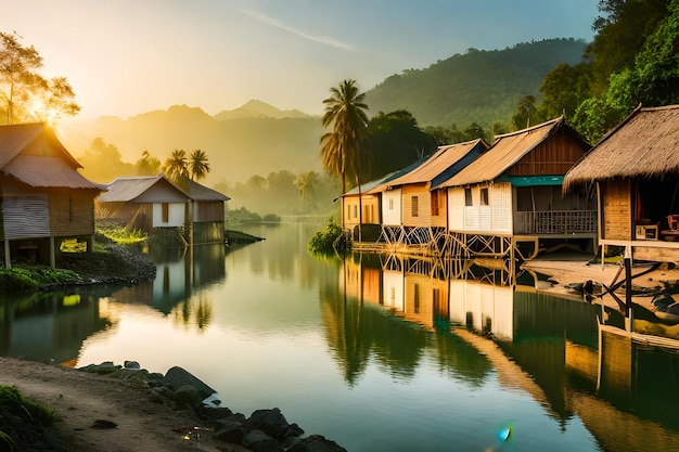 un petit village au bord de la rivière