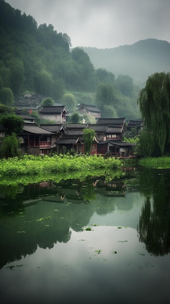 Un petit village au milieu d'un lac