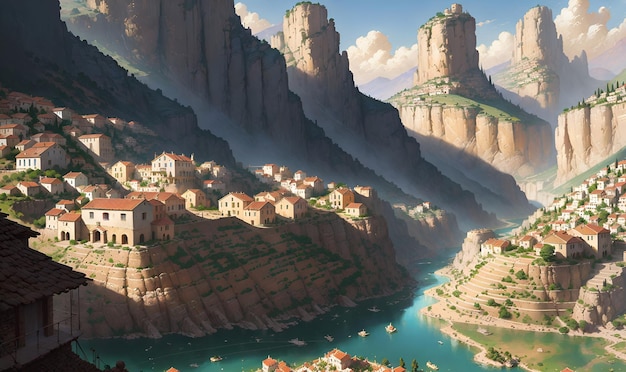 Petit village communauté colonie ville dans les collines anime paysage fond mur art scifi impression fantaisie AI générative