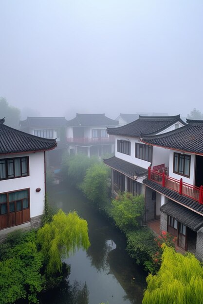 Photo un petit village dans le brouillard