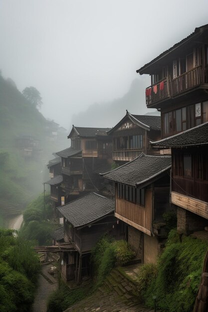 Un petit village dans les montagnes sous la pluie
