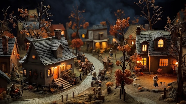 Petit village avec des décorations d'Halloween diorama