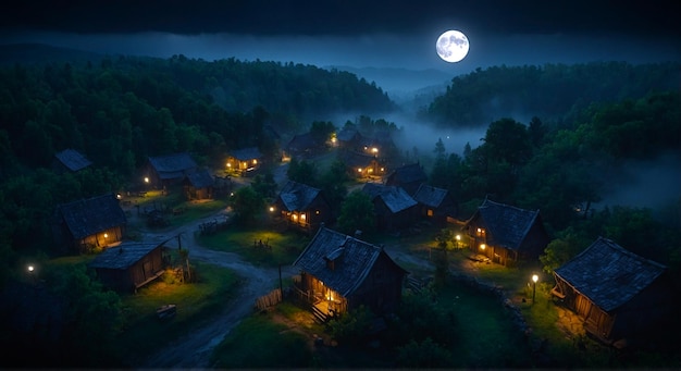 Photo un petit village entouré d'une forêt dense nuit sombre pleine lune atmosphère de brouillard sombre