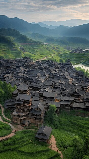 Photo un petit village avec une montagne en arrière-plan