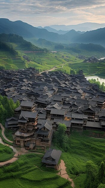 un petit village avec une montagne en arrière-plan