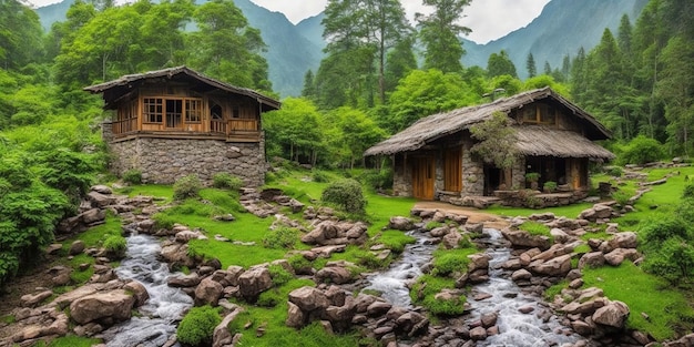 Un petit village de montagne traversé par une rivière