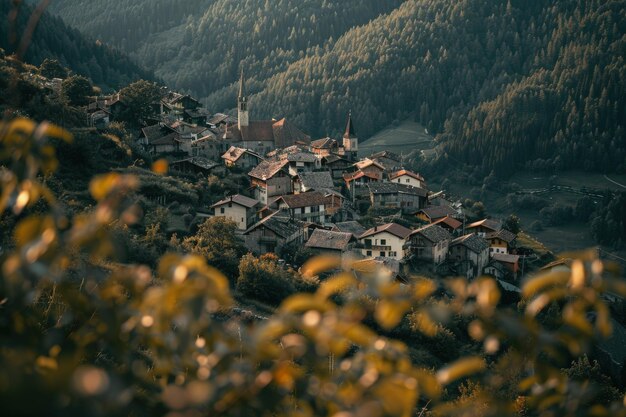 Un petit village niché sur une colline entouré d'arbres