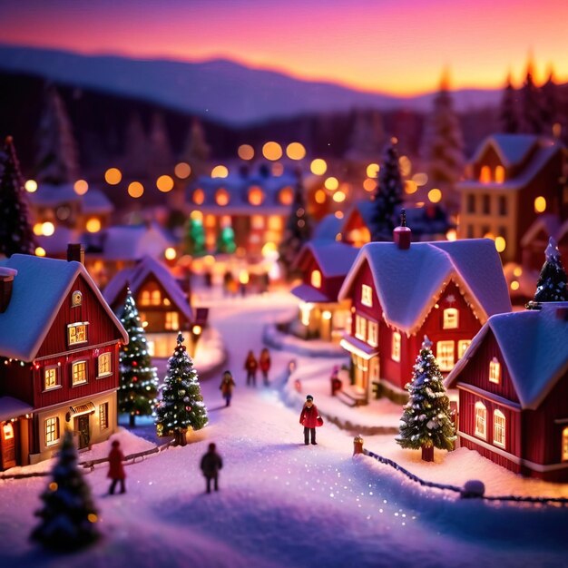 Petit village de Noël lumineux neige étincelante couleurs vives