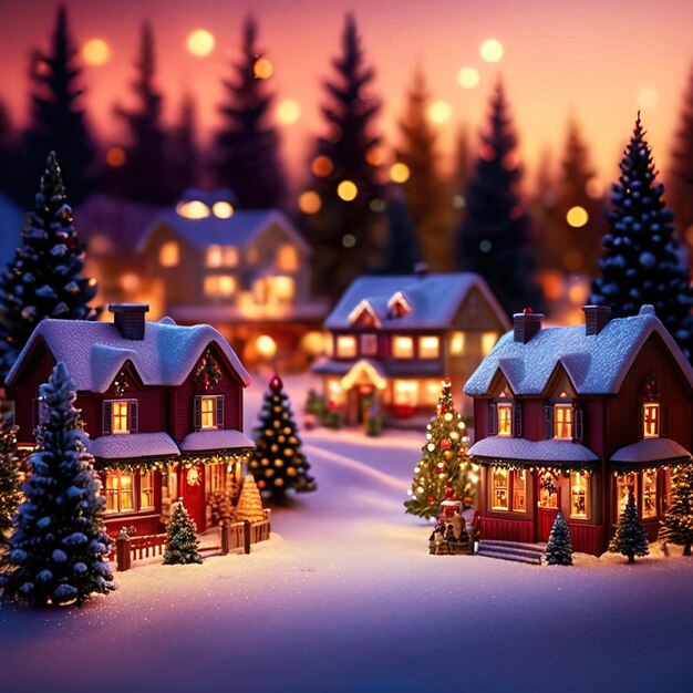 Petit village de Noël lumineux neige étincelante couleurs vives