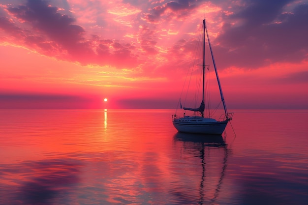 un petit yacht au coucher du soleil au milieu d'une mer calme