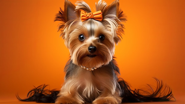 Petit Yorkshire Terrier mignon et soigné peigné avec un peigne sur le fond avec un espace de copie modèle de bannière pour salon de toilette IA générative