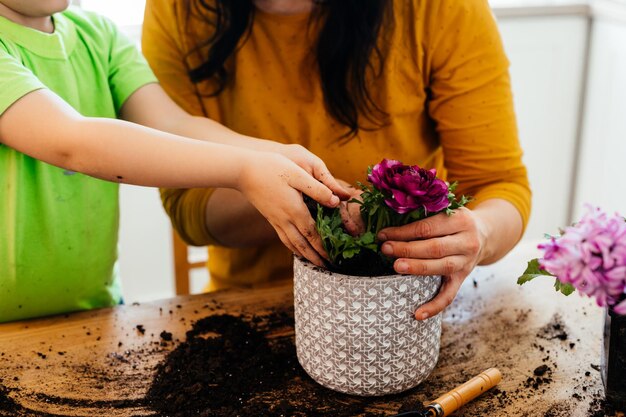 Une petite aide aide la mère à planter des fleurs à la maison