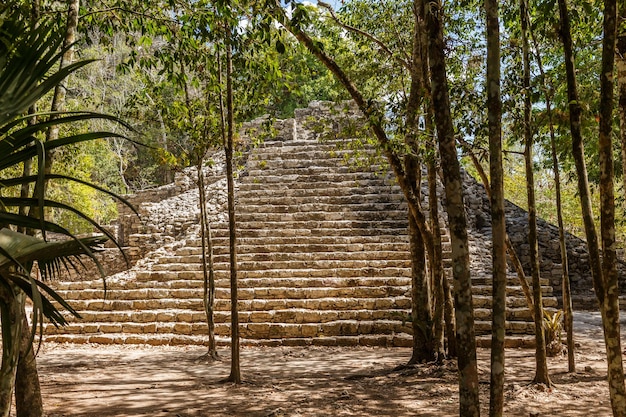 Petite ancienne pyramide de la vieille ville de la civilisation maya cachée dans la forêt site archéologique de Coba Coba Yucatan Mexique