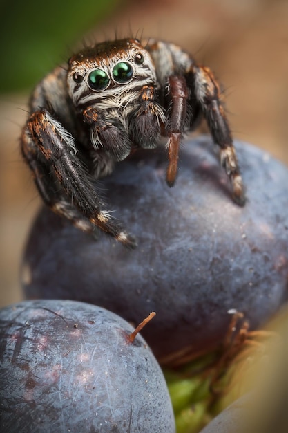 Petite araignée sauteuse aux grands yeux verts sur la mûre