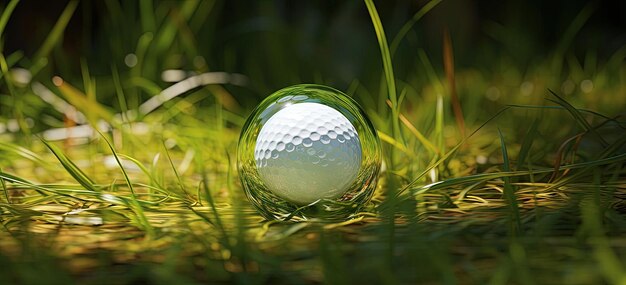 une petite balle de golf sur l'herbe un jour ensoleillé dans le style de vert foncé et de bronze clair