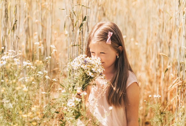 Une petite belle fille avec un bouquet de marguerites dans un champ de blé