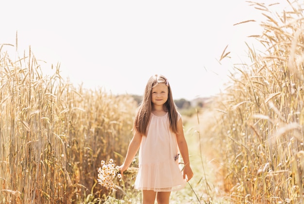 Une petite belle fille avec un bouquet de marguerites dans un champ de blé