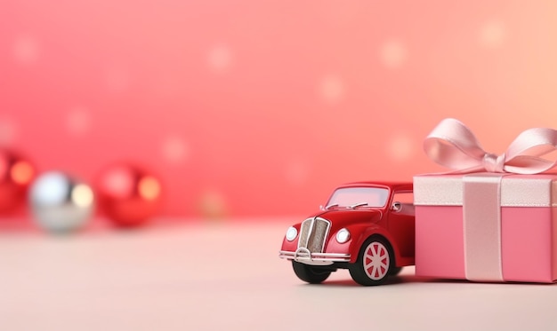 Petite boîte cadeau de luxe avec un noeud rose près d'une voiture jouet rétro avec espace de copie