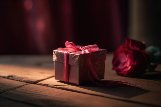 Une petite boîte avec un ruban rose et un arc rouge est posée sur une table en bois avec des roses en arrière-plan.