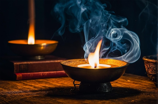 une petite bougie est allumée sur une table avec un livre intitulé " Quote le feu "