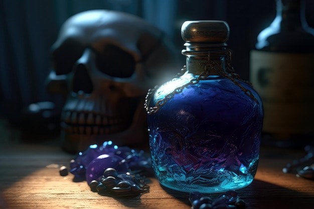 Petite bouteille de bleu avec crâne Le concept d'IA générative de poison