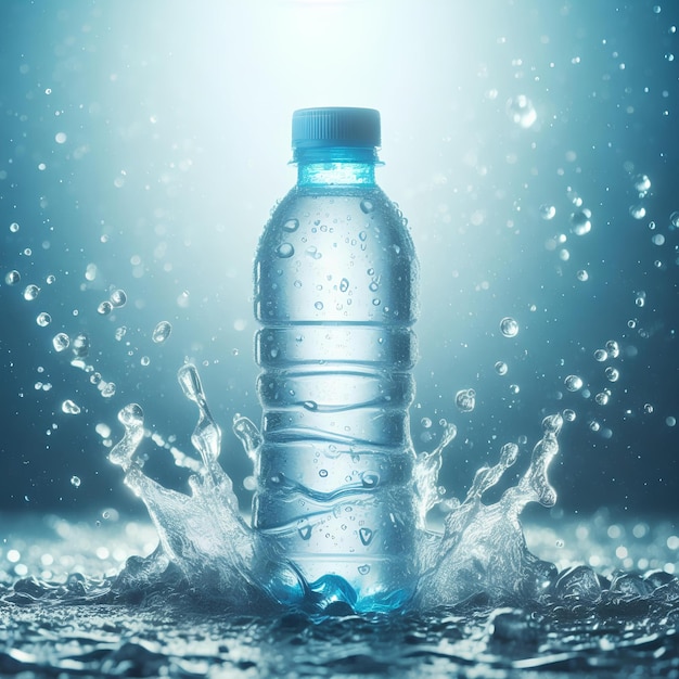 Petite bouteille d'eau en plastique avec un fond d'éclaboussure d'eau bleue